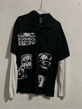 Social Collision Man Black Long Sleeve Double Layer Button Up Shirt - Size S